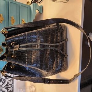 Elegant YSL Black Croc-Embossed Bucket Bag